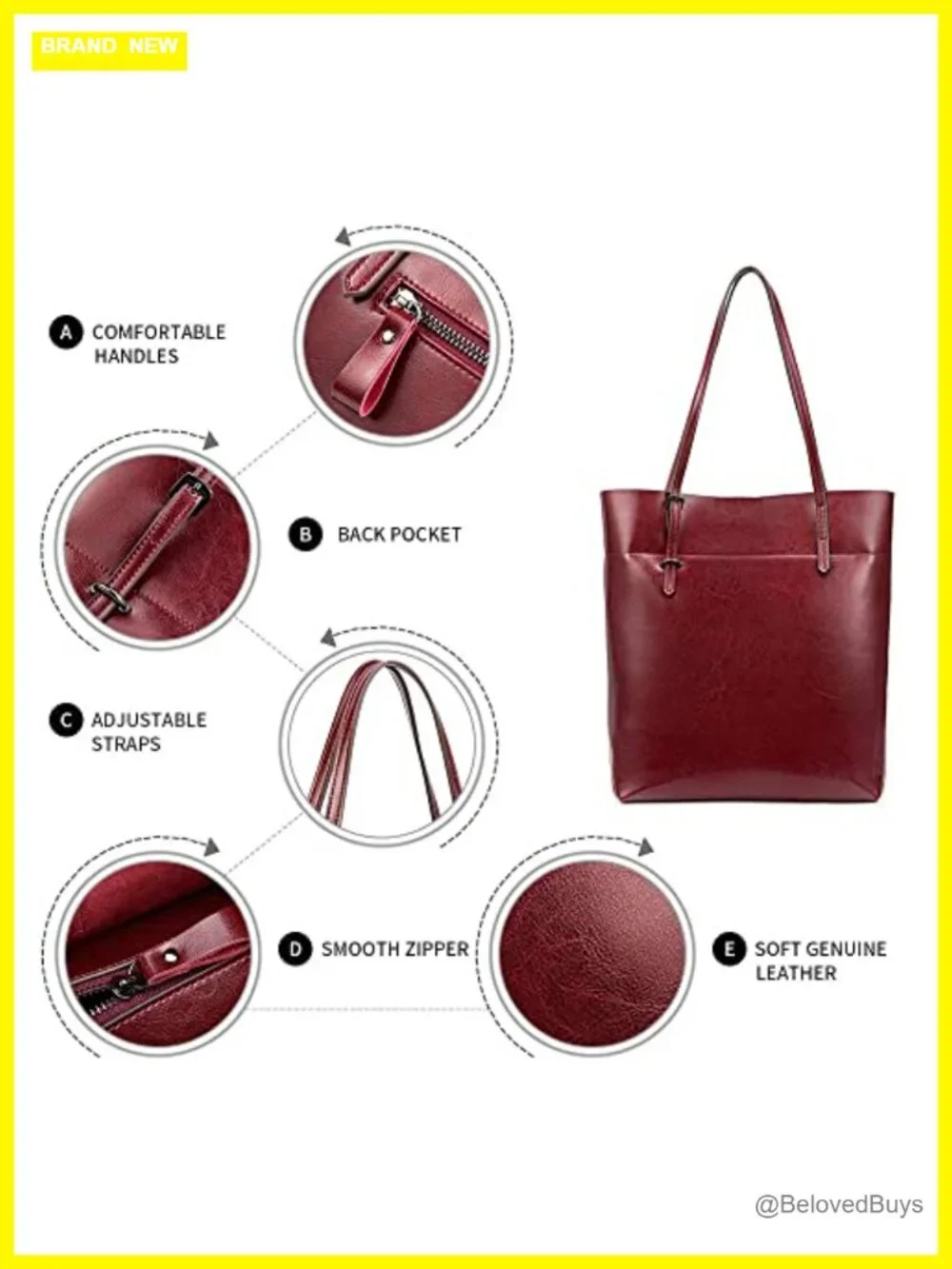 Vintage Genuine Leather Tote Shoulder Bag with Adjustable Handles